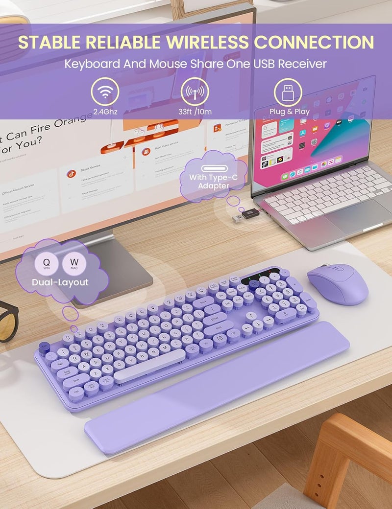 Trueque Wireless Keyboard and Mouse Combo - Cute Typewriter Keyboard with Detachable Wrist Rest, Retro Round Keycaps, Foldable Legs, 2.4GHz Full-Size Keyboard for PC, Laptop, Mac, Windows - (Purple) - Image 4